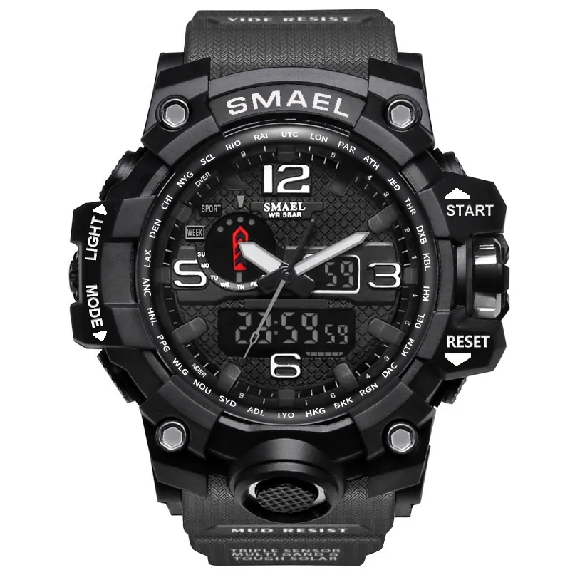 SMAEL 1545 Brand Men Sports Watches Double affichage Analog Digital LED Electronic Quartz Wristcarches étanche nageuse militaire WA342K