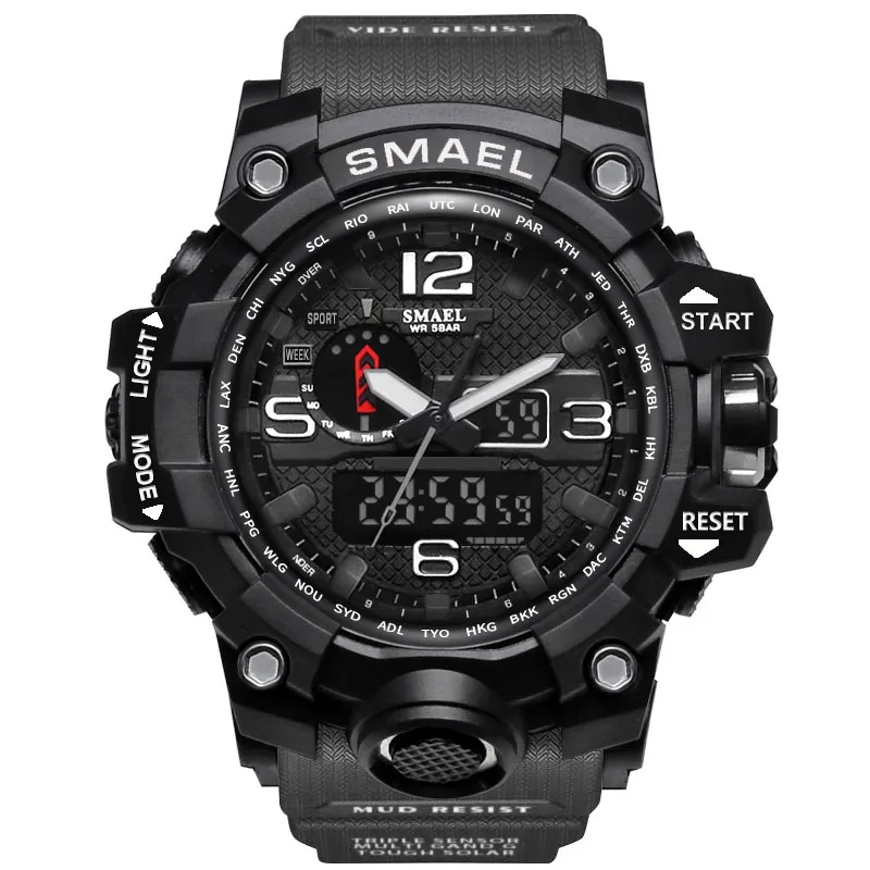 SMAEL 1545 Merk Heren Sporthorloges Dual Display Analoog Digitaal LED Elektronische Quartz Horloges Waterdicht Zwemmen Militair Wa289W