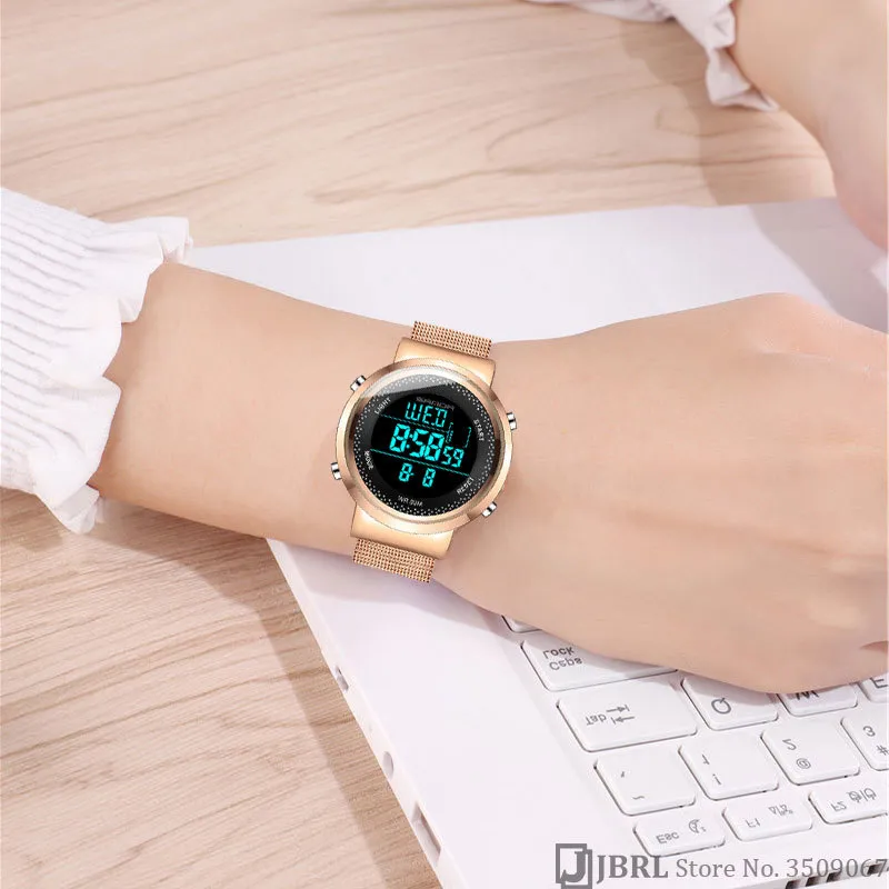 스테인리스 스틸 디지털 시계 여성 스포츠 시계 전자 LED 숙녀 손목 여성을위한 시계 시계 여성 손목 시계 방수 V175P