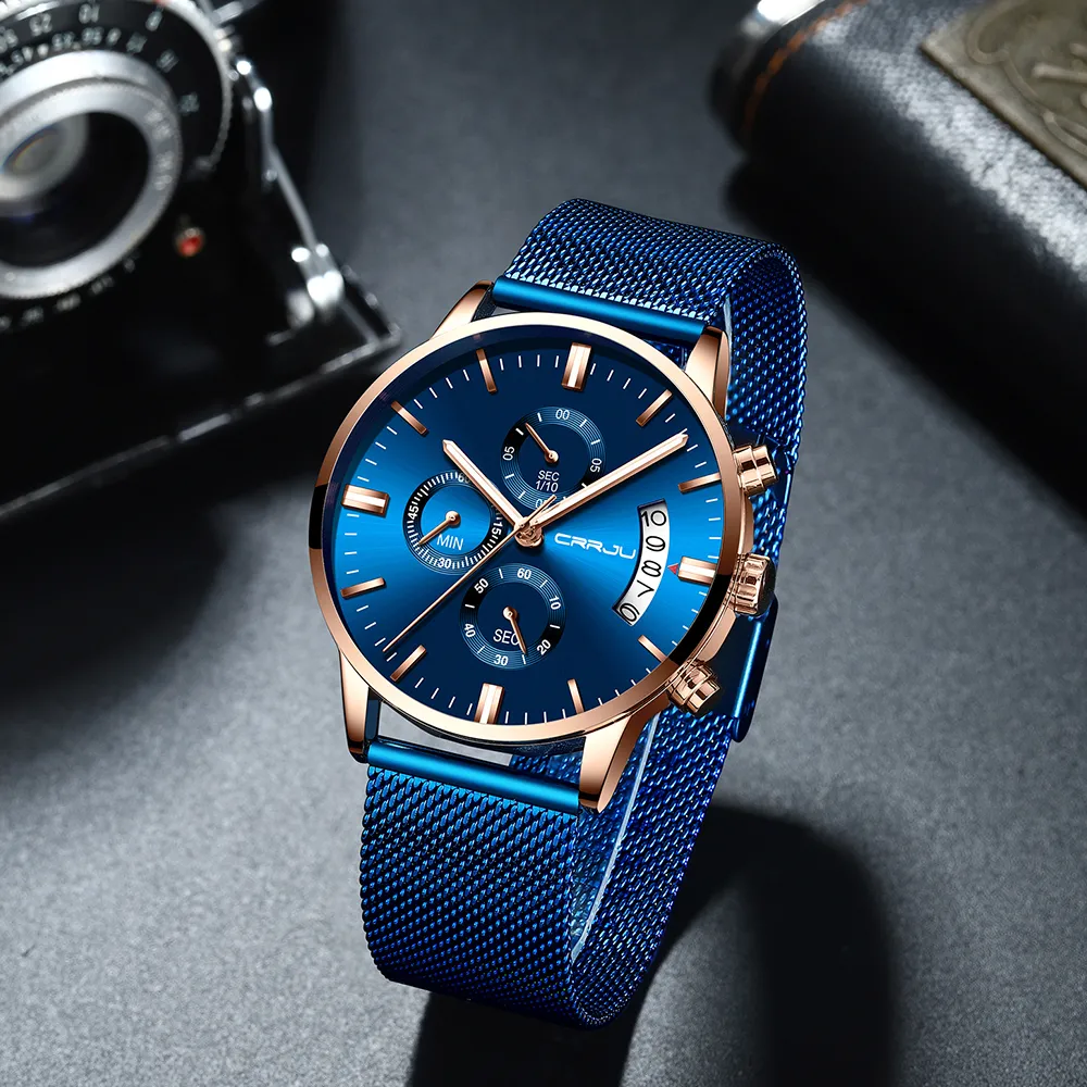 Relógio masculino crrju marca superior de luxo elegante moda relógio de pulso para homens aço completo à prova dwaterproof água data relógios quartzo relogio masculino227c