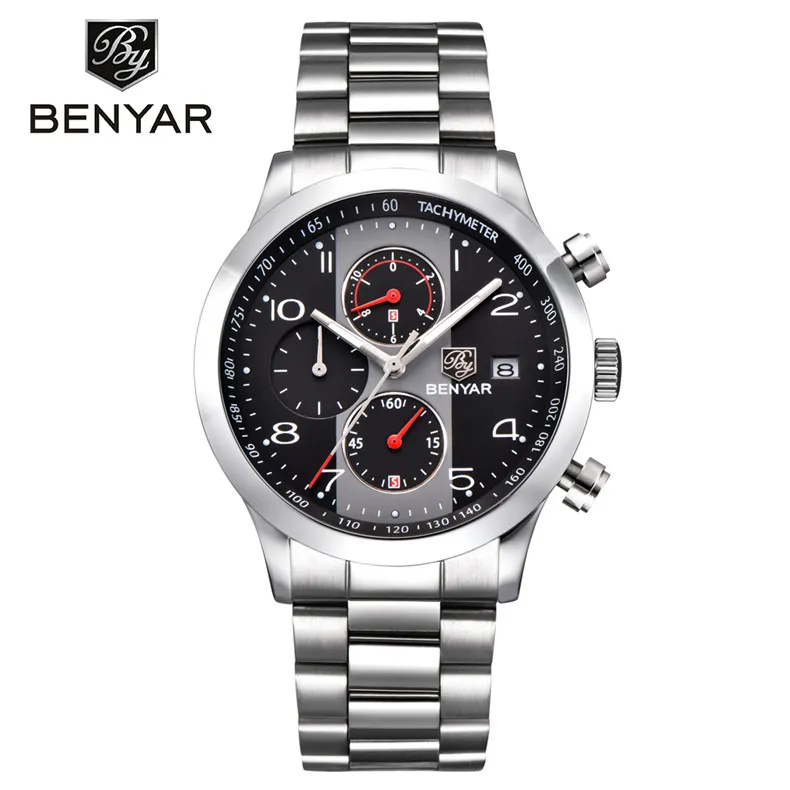 Benyar Fashion Chronograph Sport Watches Men Stainless Steel Strap Brand Quartz Watch Clock LeLogio Masculino reloj hombre black287s