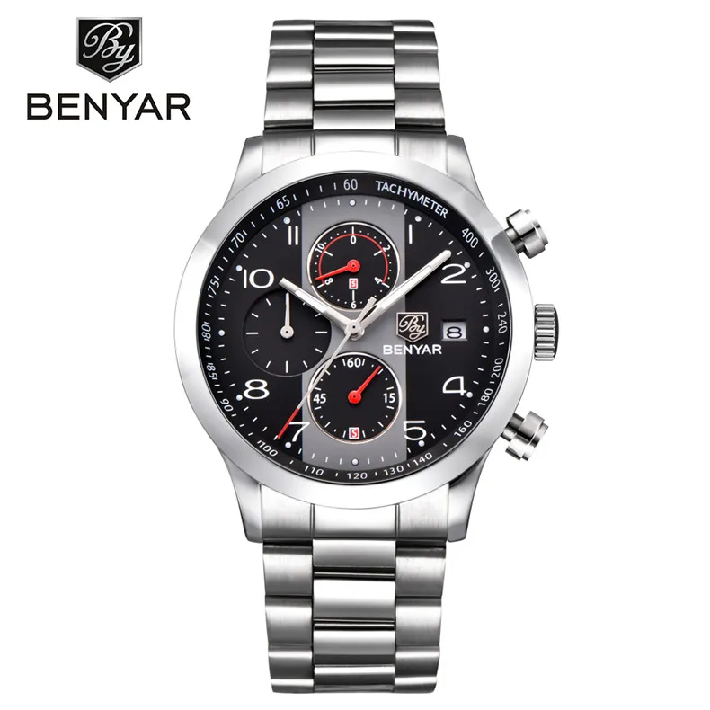 BENYAR Mode Chronograaf Sport Horloges Mannen Roestvrij Stalen Band Merk Quartz Horloge Klok Relogio Masculino Reloj Hombre black287s