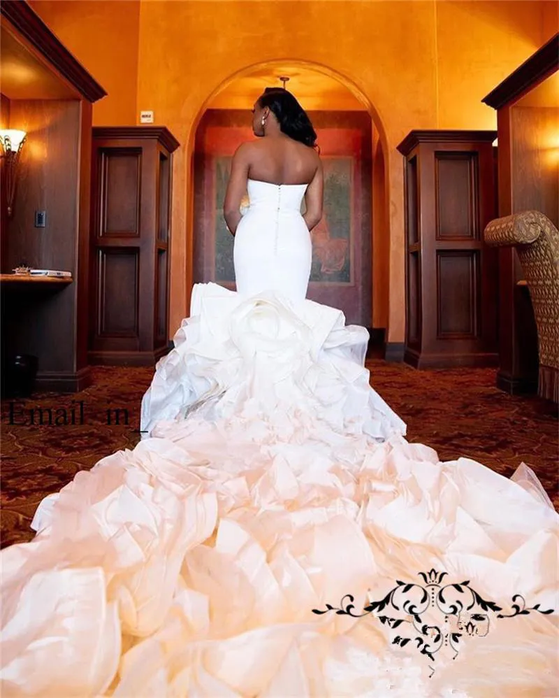 Luxury Cascading Ruffles Mermaid Wedding Dresses 2019 Chapel Train Plus Size Bellanaija Nigerian Arabic Country Bridal Gowns2431