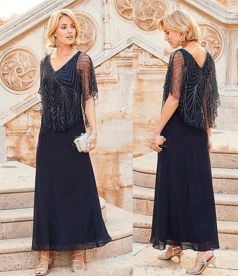 2020 Nuova madre fuori dalla sposa abiti da sposo in chiffon blu navy scollo a V perline maniche ad aletta lunghezza caviglia abiti formali della madre266G