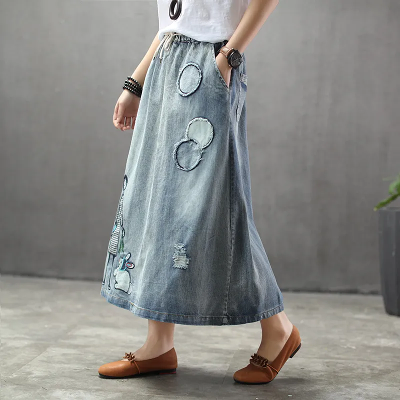 Style ethnique rétro imprimé petite fille lapin jupe en jean femme patch taille élastique jupe MX200327
