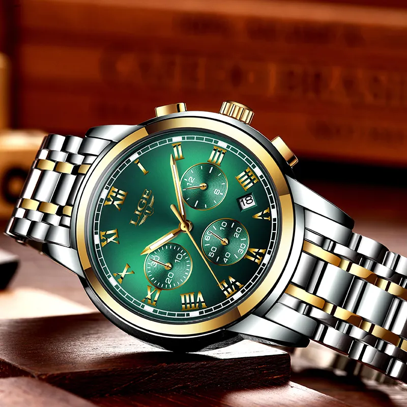 Montres Mens 2019 Lige Top Brand Luxury Green Fashion Chronograph Male Sport étanche All Steel Quartz Relogie Masculino C2989