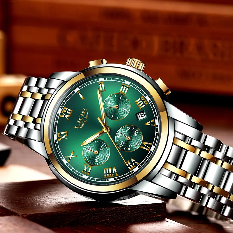 Watches Mens 2019 LIGE Top Brand Luxury Green Fashion Chronograph Male Sport Waterproof All Steel Quartz Clock Relogio Masculino C315Y