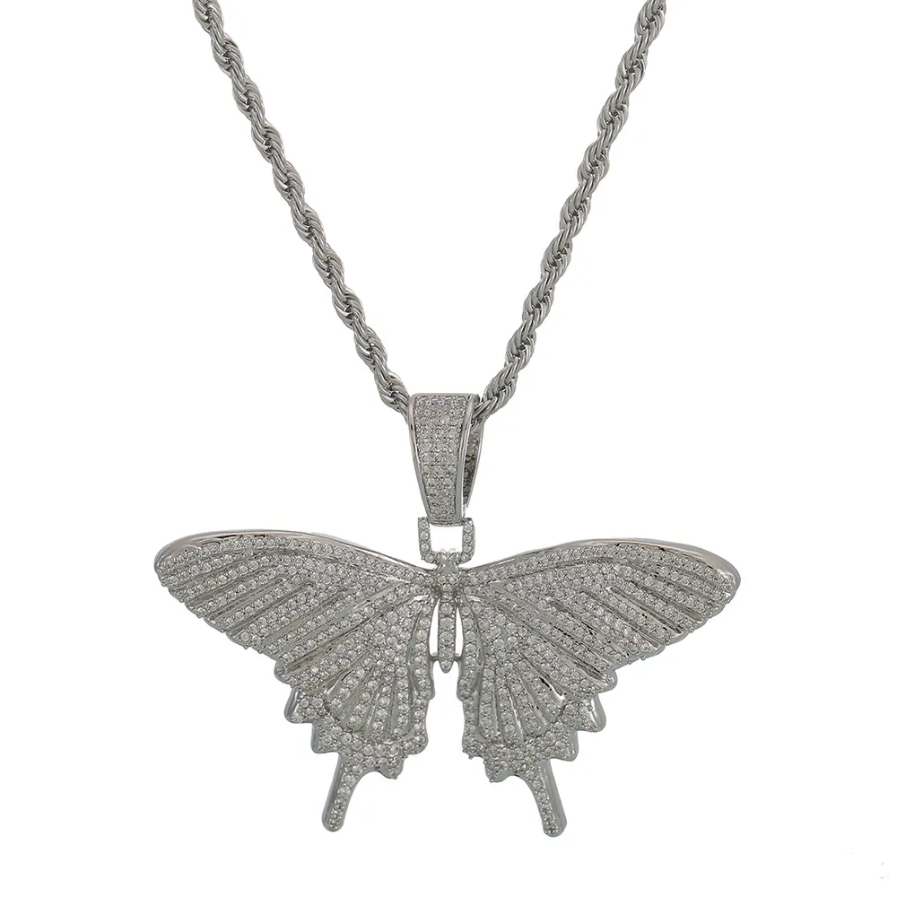 Collier avec pendentif papillon Animal glacé, avec chaîne en corde, or, argent, Zircon cubique, pour hommes et femmes, bijoux Hip hop Rock, 240v