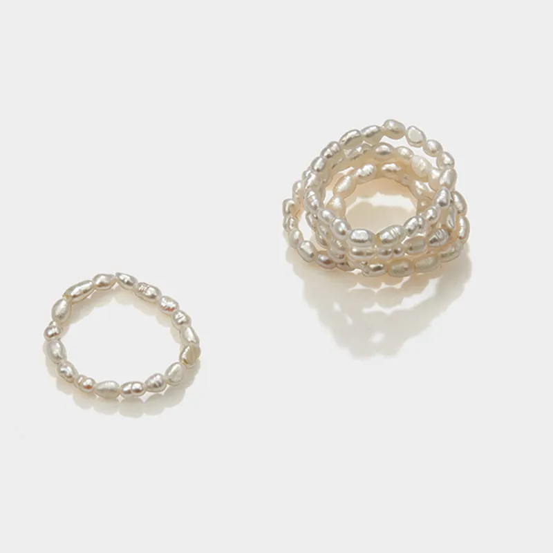 Sevimli Çok Boncuklu İnci Bant Yüzükleri Doğal Tatlı Su Geometrik Takı Kadınlar Sürekli Daire Minimalist Ring197r