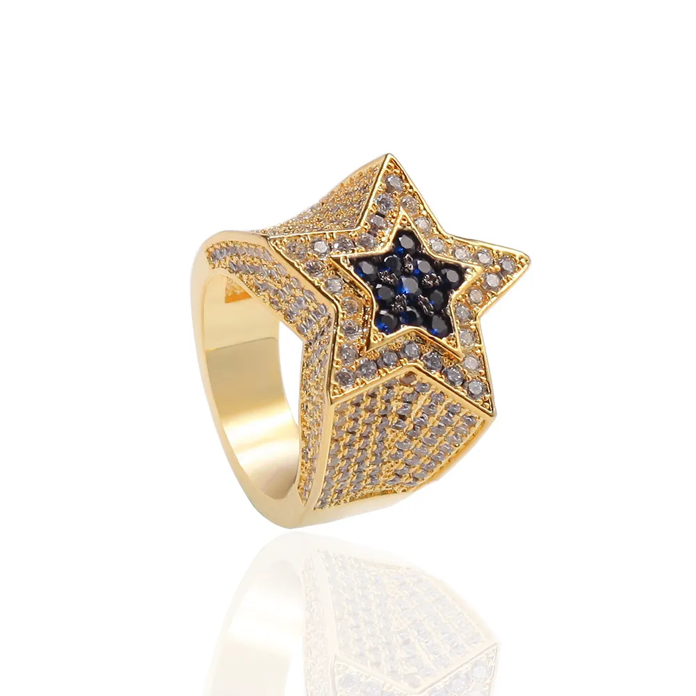 Anillo de estrella de circón para hombre, joyería euroamericana de Hip Hop con diamantes, anillos de cobre helados para hombre 325F