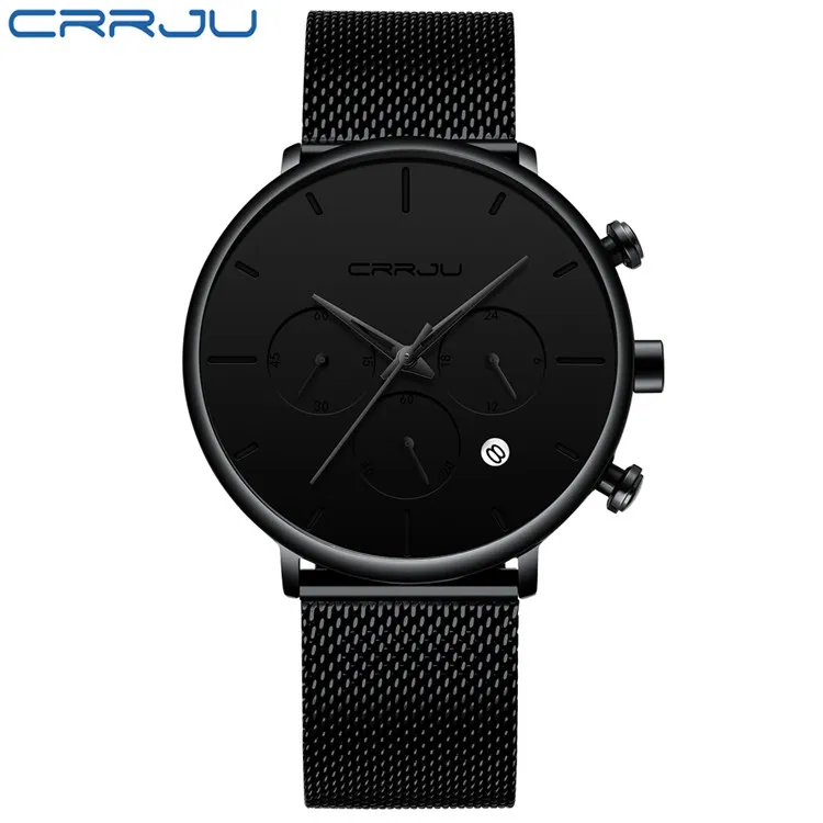 Relogio masculino crrju herrs affärsklänning klockor lyxig avslappnad vattentät sport titta på män 3-sub ratten kvarts slim mesh watch298q