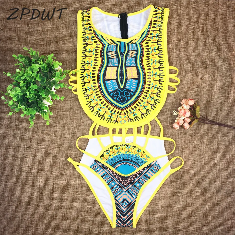 Tribal badkläder Kvinnor Afrikansk tryck Swim Bathing Suit Cut Out Monokini Bandage One Piece Swimsuit Female Beachwear Trikini7837848