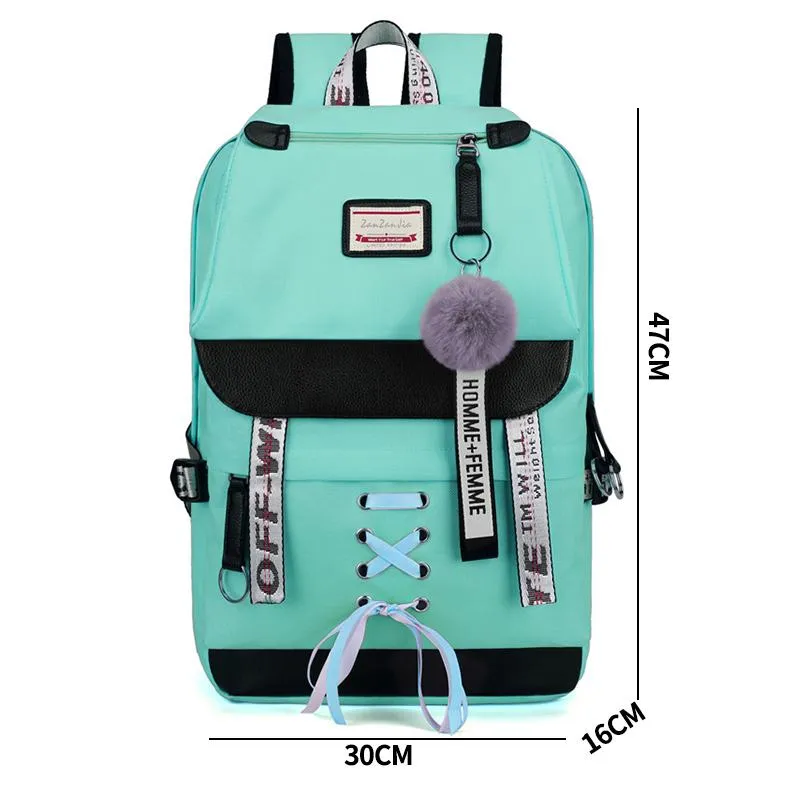 Stora gröna ryggsäckar Kvinnors skola ryggsäck för tonårsflickor USB -skolväska canvas Middle Junior High College Student Bagpack322K