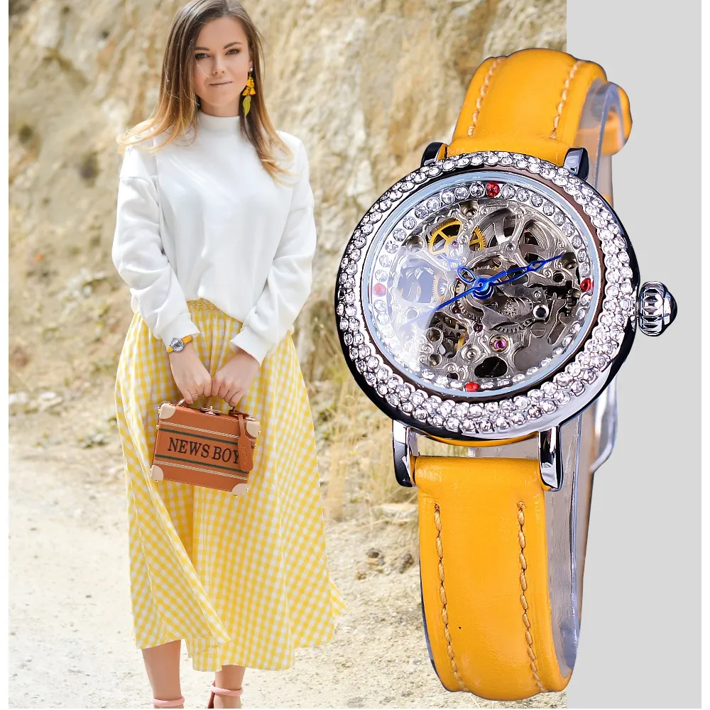 Forsining Gelb Leder Transparent Blume Zurück Skeleton Royal Crown Mode Dame Diamant Luxus Frauen Mechanische Uhren Clock247o