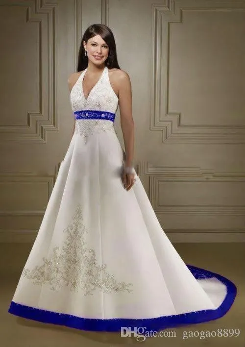 2019 Vintage White And Royal Blue Satin Beach Wedding Dresses Strapless Embroidery Chapel Train Corset Custom Made Bridal Wedding Gowns 231j