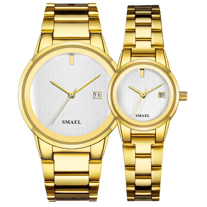 Oferta conjunto casal luxo clássico relógios de aço inoxidável esplêndido gent lady 9004 fashionwatch à prova d'água set250n