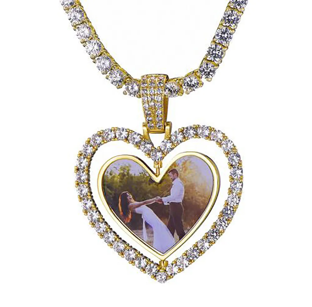 Men Women Custom Made Rotatable Love Heart Po Pendant Double Sided Pictures Pendant Necklace gifts Zircon Pendant331M