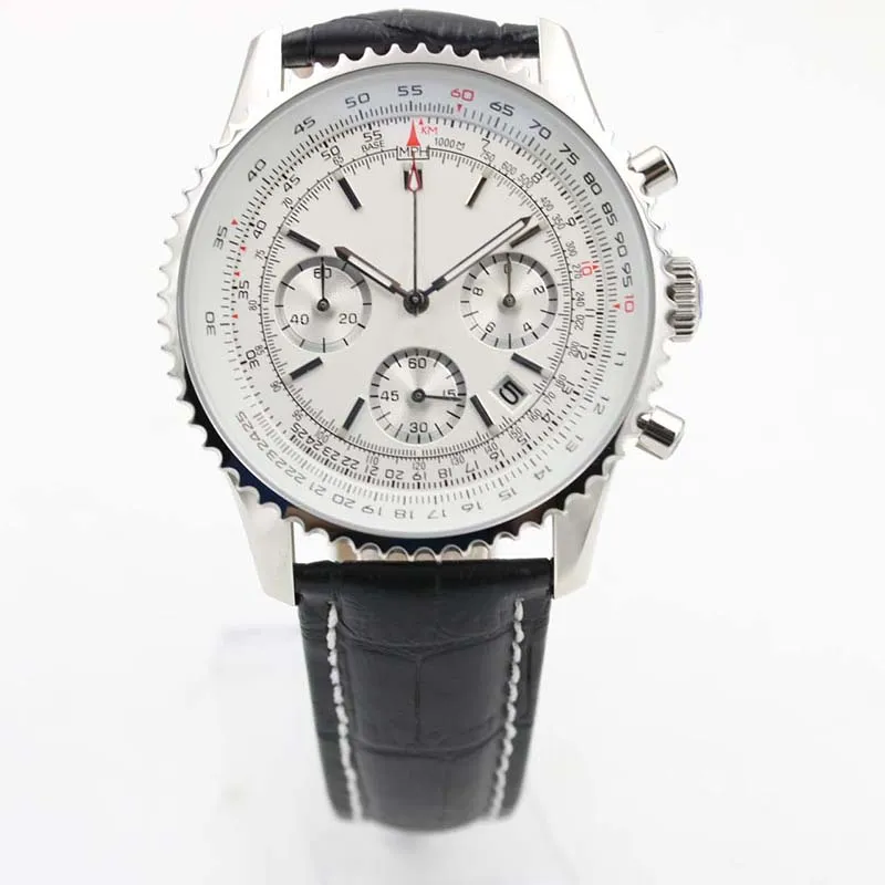 Nowe zegarki daty sportowej Chronometre Navitimer Quartz Chronograph Watch Męski Klasyczny zegarek na nadgarstek White Dial Czarna skórzana strap308x