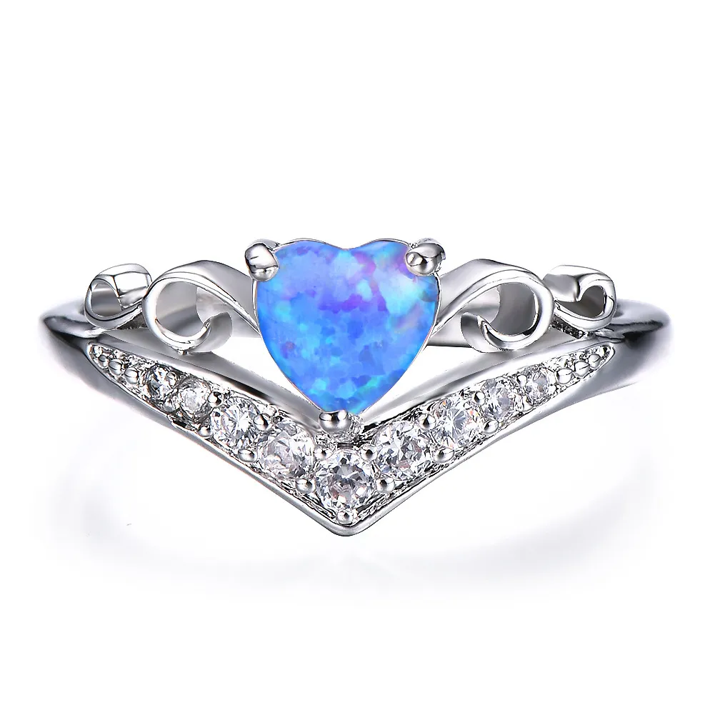 10 pièces / 925 bagues en argent sterling couronne coeur bleu blanc opale gemmes pour femmes mariages fête américaine australie bague bijoux 328j