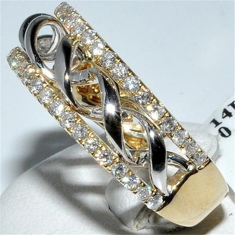 Ihålig två-ton färgring silver våg kubik zirkoniumring för kvinnliga mode populära strass bröllopsringar för kvinnor249p