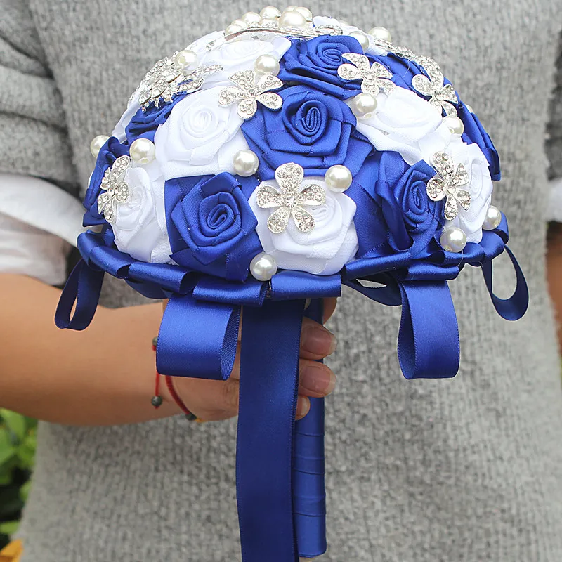 Royal Blue White Rose Artificial Fowers Wedding Bouquet Hand Holding Flowers Diamond Brosch Pearl Crystal Bridal Bouquets W125-3238G