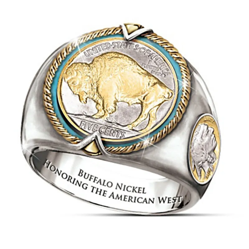 lotsHip Hop Two-tone Men Band Rings Buffalo Nickel Honoring The American West Ethnic Style Jewelry Mens Ring Size 7-12250s