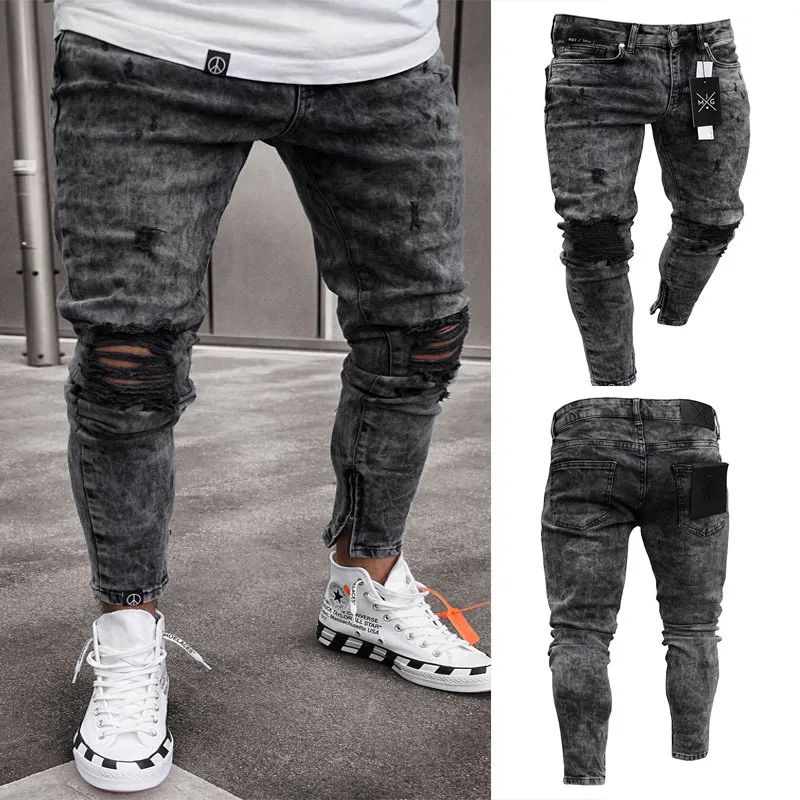 E-Baihui 2021 Jeans strappati slim fit europei e americani Pantaloni neri alla moda con piedini con cerniera Jeans skinny casual L005