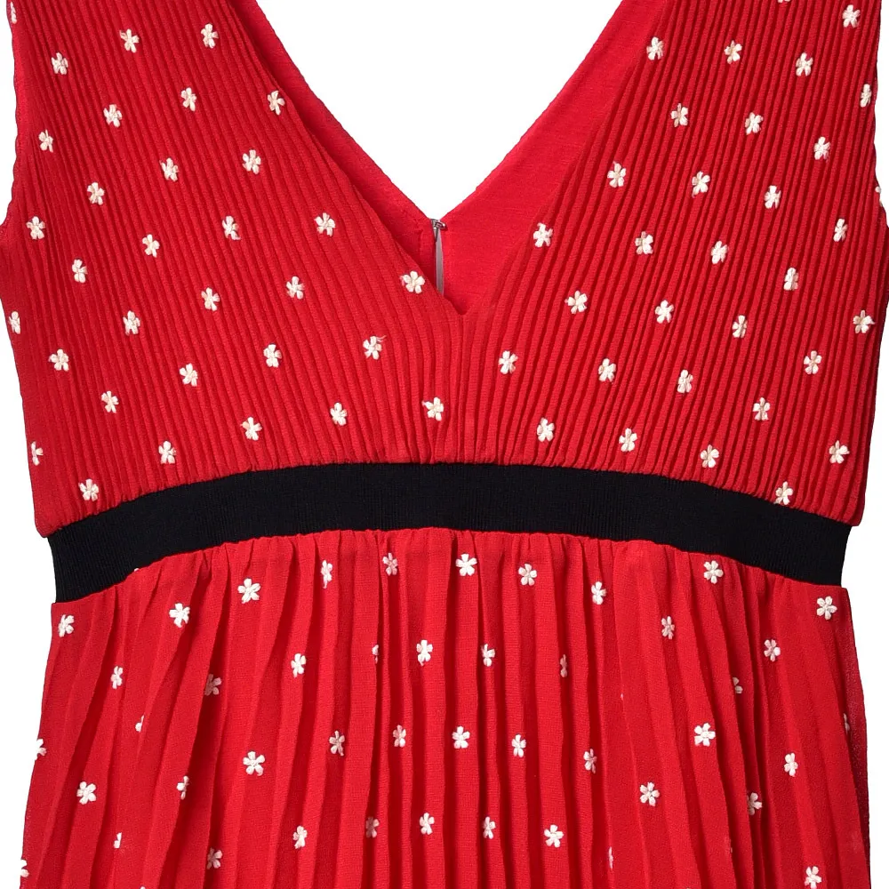 2020 весенние лето без рукавов V шеи красный цветочный принт панелью плиссированные платье длиной на коленях женщины модные платья W1815031
