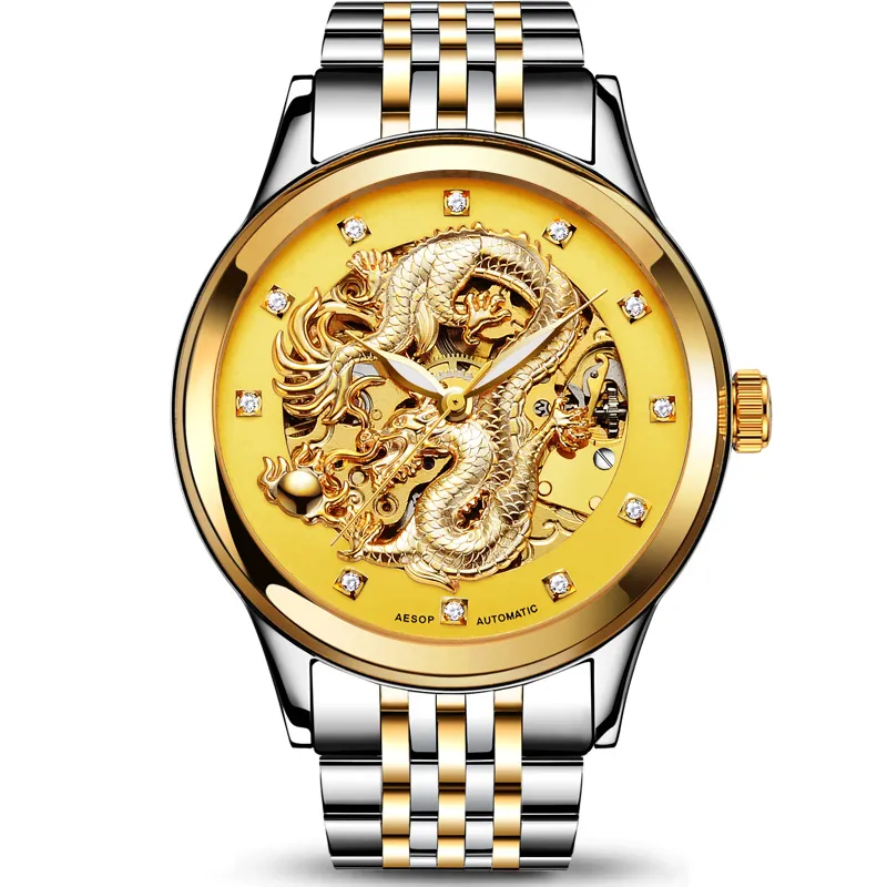 Aesop dragão relógio masculino luxo ouro automático relógio mecânico safira ouro masculino relógio de pulso masculino relogio masculi239c