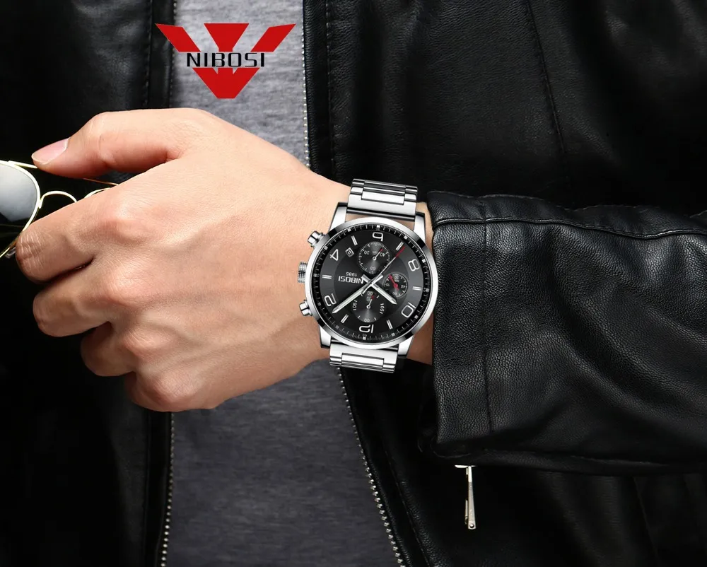 Nibosi novo tipo de relógio de luxo quartzo relógio de pulso moda aço inoxidável para homem relogio masculino requintado silver217h