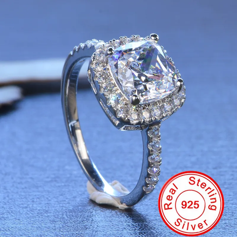 Yhamni enviado certificado de luxo 10%% original 925 prata 8 8mm 2 quilates cristal quadrado zircônia diamante anéis de casamento para mulheres277t