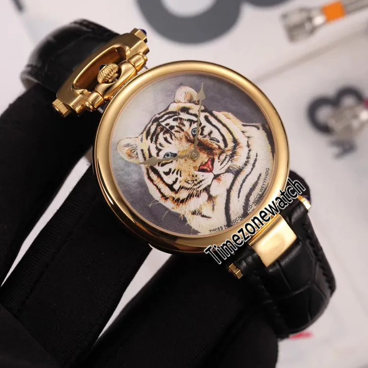 Nuevo Bovet Fleurier Amadeo 46 mm Reloj de cuarzo suizo para hombre Oro amarillo de 18 quilates Tatuaje de tigre Esfera pintada Correa de cuero Relojes Timezonewat278w