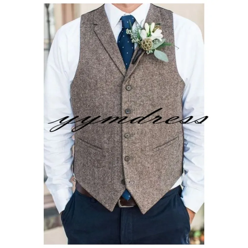 Donkerbruine bruidegomvesten 2019 Wedding Wool Herringband Tweed Groomsmen Vesten herenpak feest Prom landbouw landelijke vest op maat 301Q