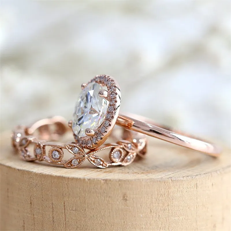 Ensemble de bagues de mariage en or rose 18 carats, design antique, saphir blanc et diamant, taille américaine 5-12270x