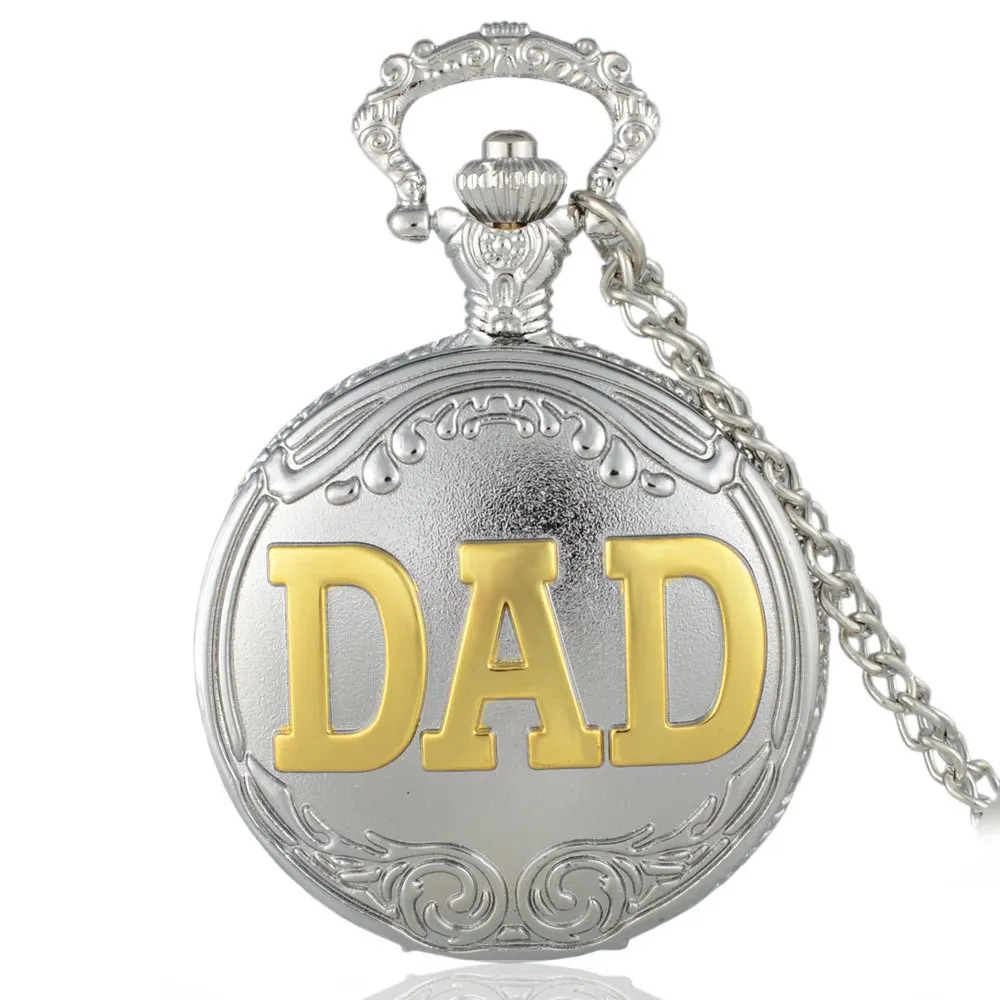 Zilver en goud DAD thema volledig quartz gegraveerd fob retro hanger zakhorloge ketting gift2735