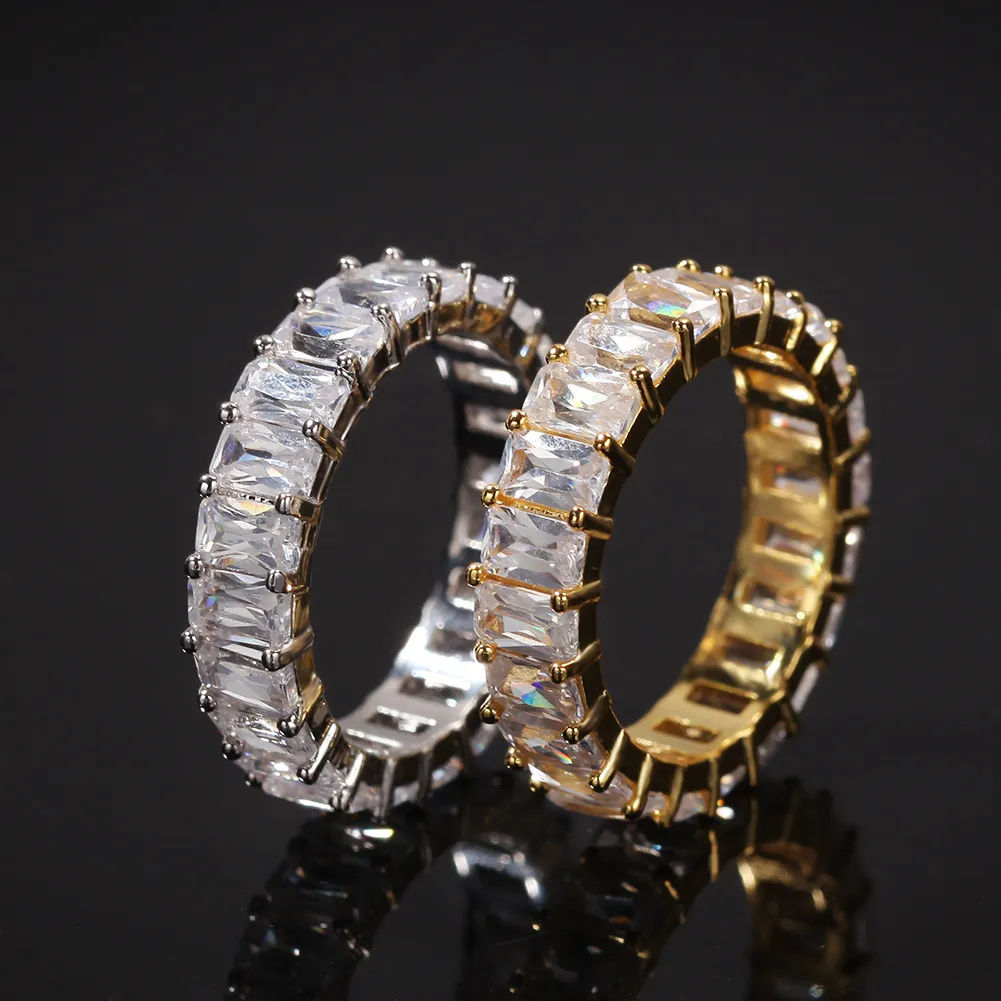 Nieuwe Iced Out HipHop Cube CZ Baguette Ringen Sieraden Gold Sliver Micro Verharde Ring voor Man Vrouwen Gift246d