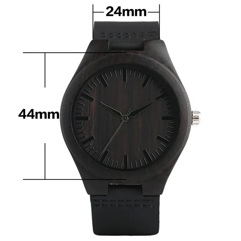 Unique Full Black Men's Ebony Wood Watch Luxury Gifts Light Bamboo Analog Quartz Wristwatch Leather Strap Reloj de madera262b