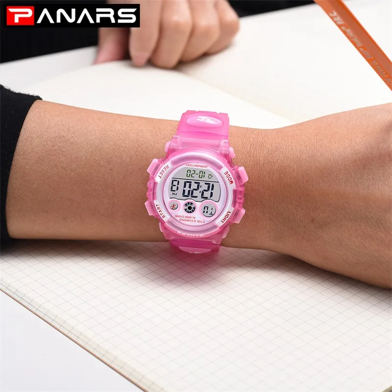 PANARS RED Chic Nowe przybycie zegarków dla dzieciaków kolorowe diodowe światło cyfrowe elektroniczne zegarek Wodoodporny gole