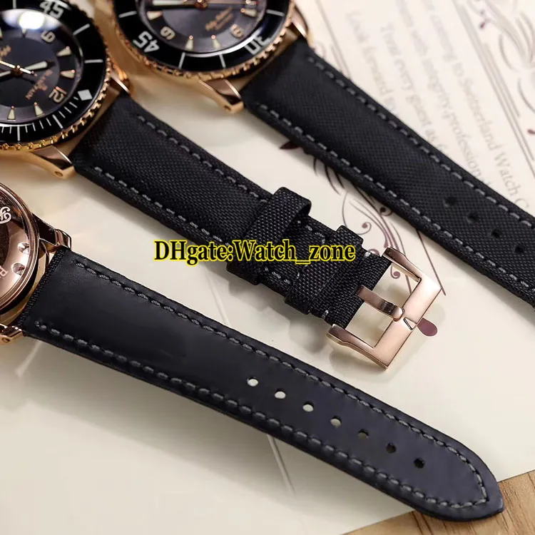 2 cores novo 5015-3630-52 Fifty Fathoms 50 Fathoms Black Dial Miyota 8215 Automatic Mens Watch Rose Gold Case Leather Strap Watches249V