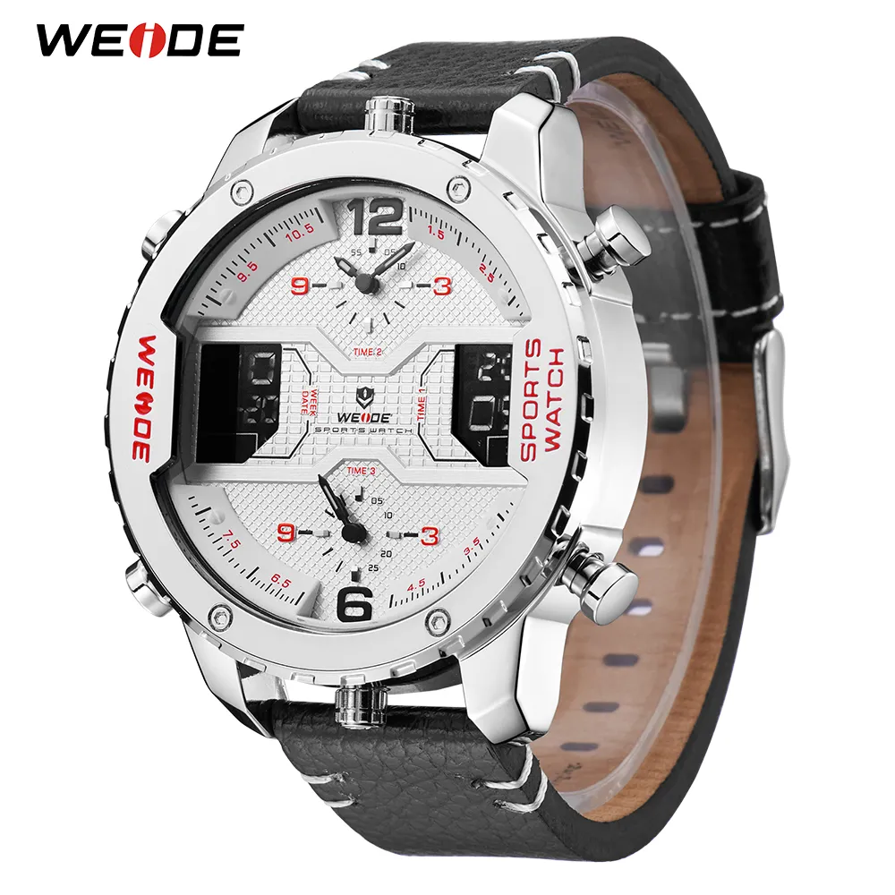 WEIDE hommes mode sport décontracté trois fuseaux horaires Quartz analogique numérique Date horloge bracelet en cuir montre militaire Relogio Masculino3262