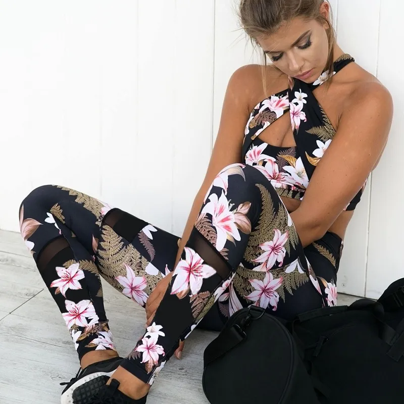 Conjunto de Yoga con estampado Floral de 2 piezas para mujer, chándal Sexy para gimnasio, ropa de Fitness, sujetador + Pantalones largos, mallas para correr, traje deportivo