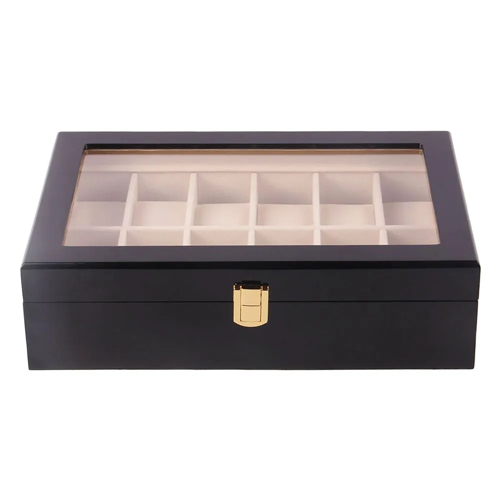 6 10 12 Slots Watch Box Black Wood Smycken Organ Watch Display Case Glass Top Wrist Watches Box Luxury Holder D402703