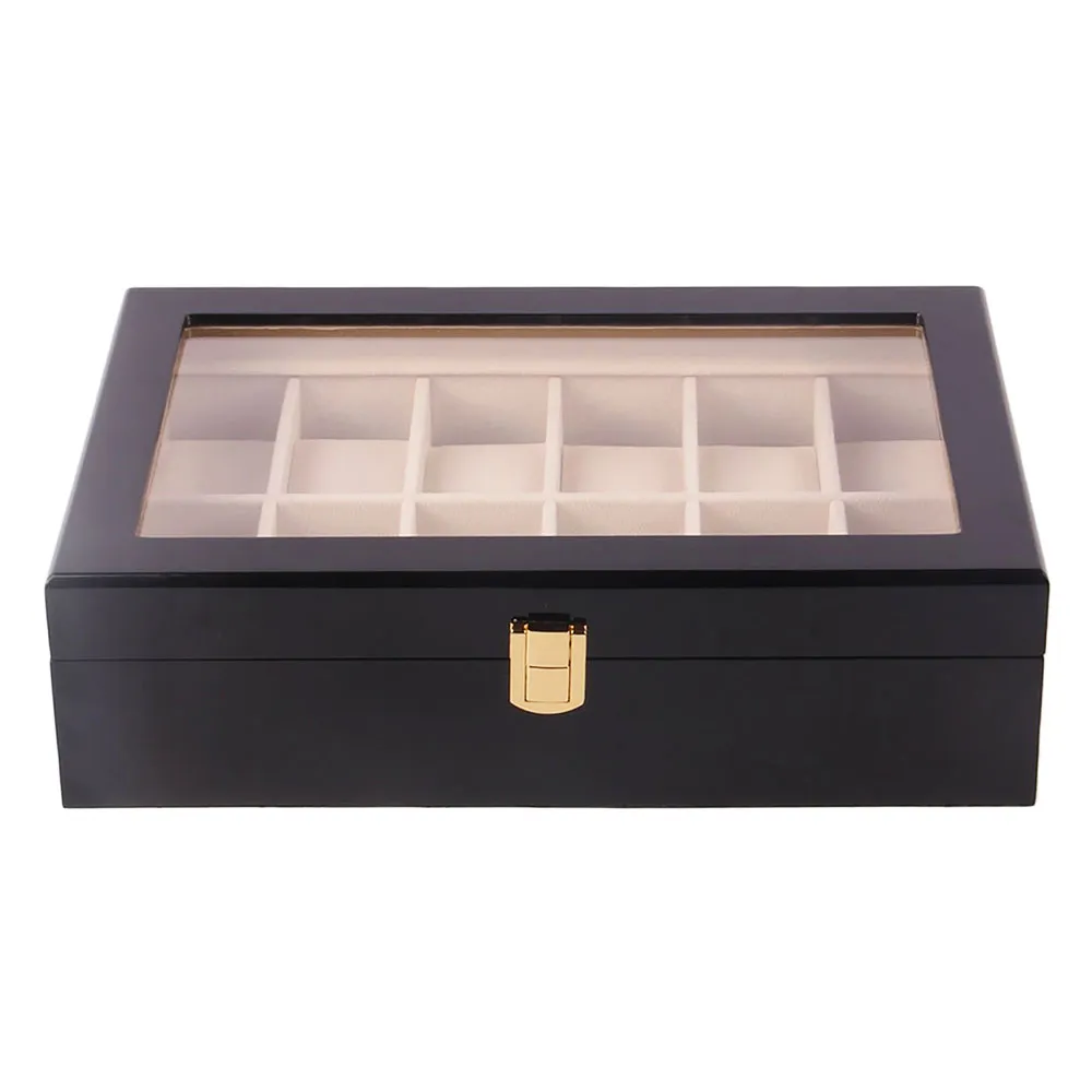 6 10 12 Slots Watch Box Black Wooden Jewelry Organzer Watch Display Case Glass Top Wrist Watches Box Luxury Holder D40245i