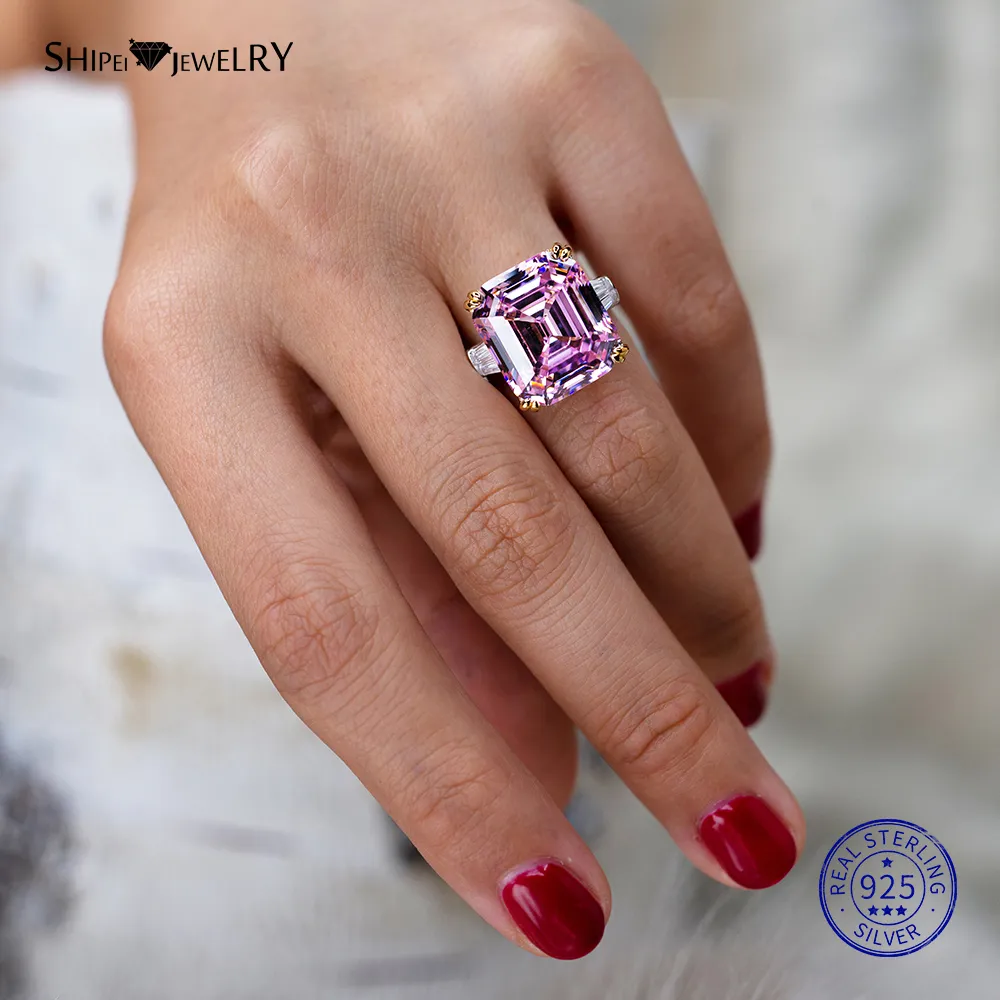 Shipei retângulo natural branco rosa anel de safira 925 prata esterlina anéis de safira para mulheres homens casamento engagement216d
