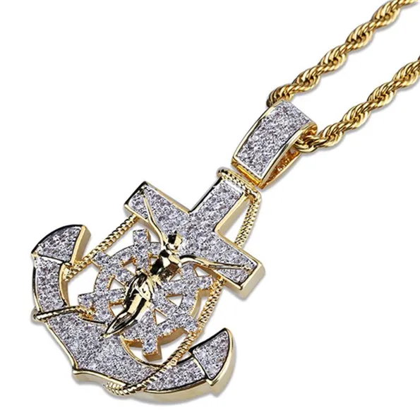 Iced Out Anhänger Hip Hop Bling Ketten Schmuck Männer Luxus Designer Halskette Herren Diamant Kette Anhänger Anker Ruder Kreuz Rapper 2690