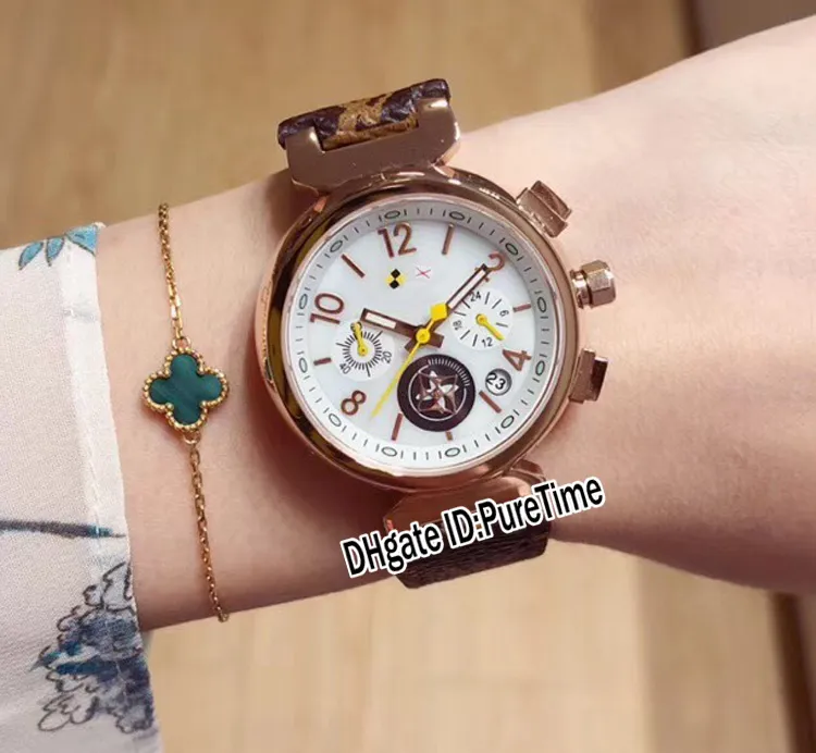 New Q13250 Steel Case Green Dial Japan Quartz Chronograph Womens Watch Brown Leather Strap Lady Ladies Watches Stopwatch Puretime 2225