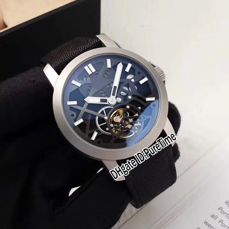 Новый Master Compressor Стальной корпус Черный скелетонизированный циферблат Автоматические мужские часы с турбийоном Нейлоновый кожаный ремешок Дешевые часы Puretime E52517