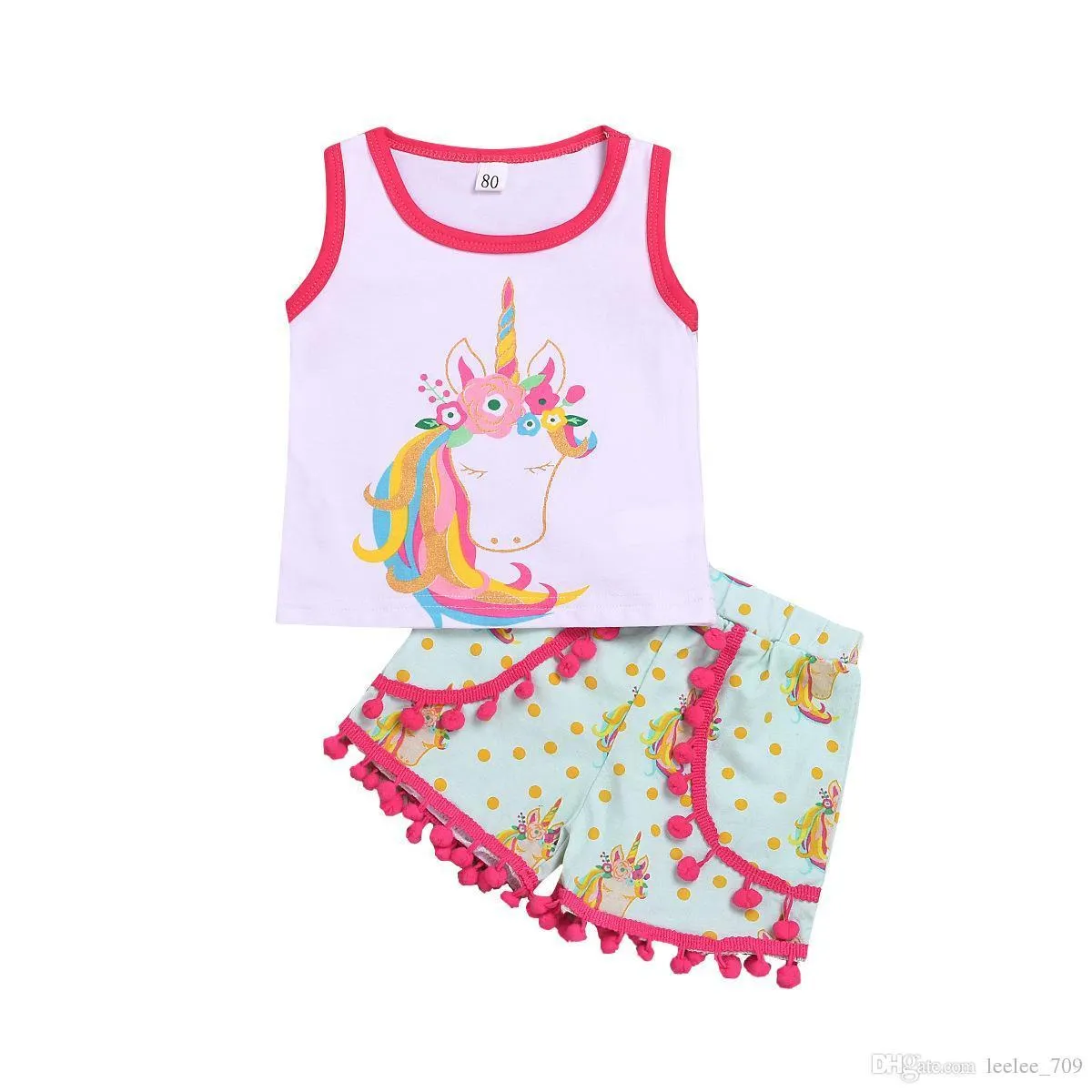 Kids Designer Kleding Meisjes Outfits Kinderen Eenhoorn Korte Mouw Tops Kwastje Shorts set 2019 Zomer Boutique Babykleding S6670839