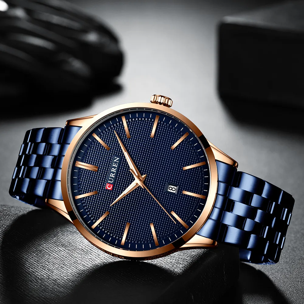 Moda relógios de quartzo para homem curren novo relógio masculino banda aço inoxidável relógio masculino azul relógio de pulso causal negócios watch263c