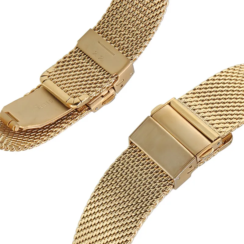 Hoge kwaliteit geel goud blauw 18 20 22 mm mesh roestvrijstalen band horlogeband vervangende armband rechte uiteinden haak Buckle288Q